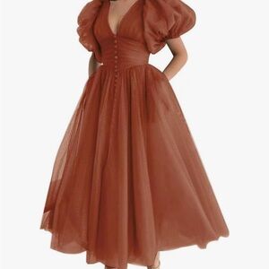 Elegant Rust Puff Sleeve Dress